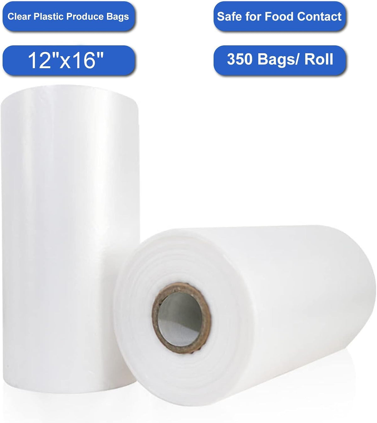 LabelMore 12'' x 16'' Plastic Produce Bags on a Roll, Clear, Food Storage Bags for Bread, Vegetable, Fruits and Meat, 350 Bags/Roll