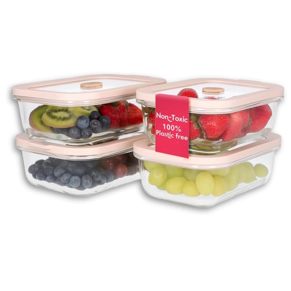 Non-Toxic Glass Food Containers with Lids, 4-Pack, 35 oz, Airtight, Beige