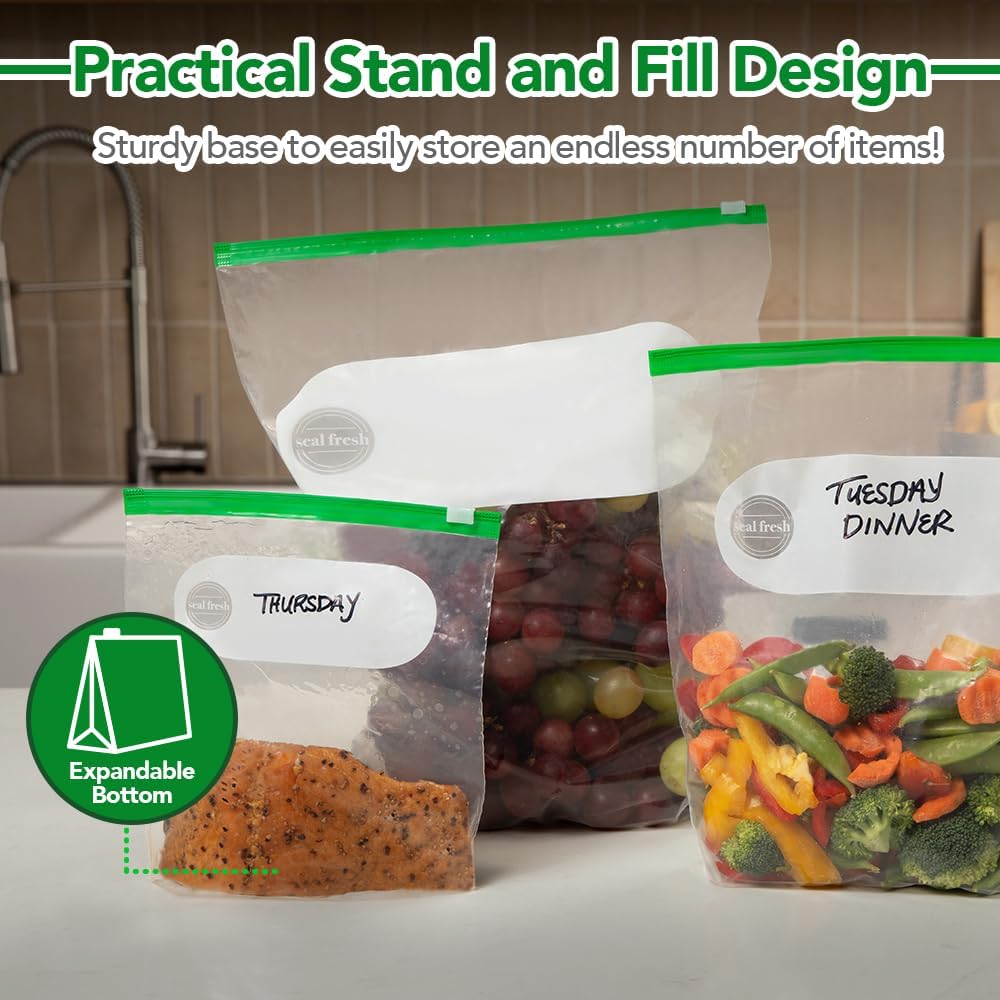 Seal Fresh Slider Storage Bags Variety Pack 145 Count — Pint, Quart, Gallon, 2 Gallon Sizes — Expandable Bottom, BPA Free, Microwave Safe, Freezer Safe