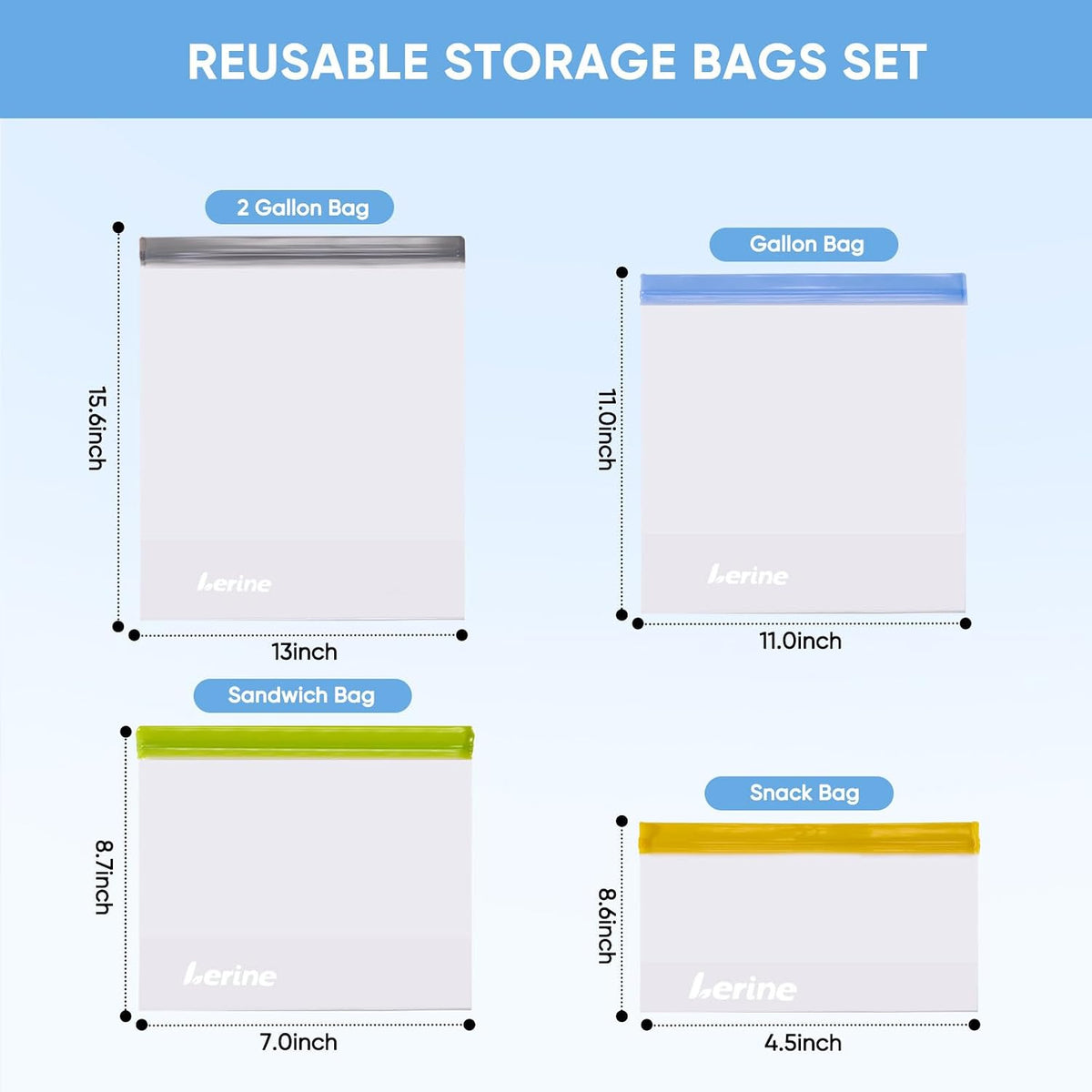 Lerine Stand Up Reusable Freezer Bags Dishwasher Safe, 10 Pack, Muliticolor