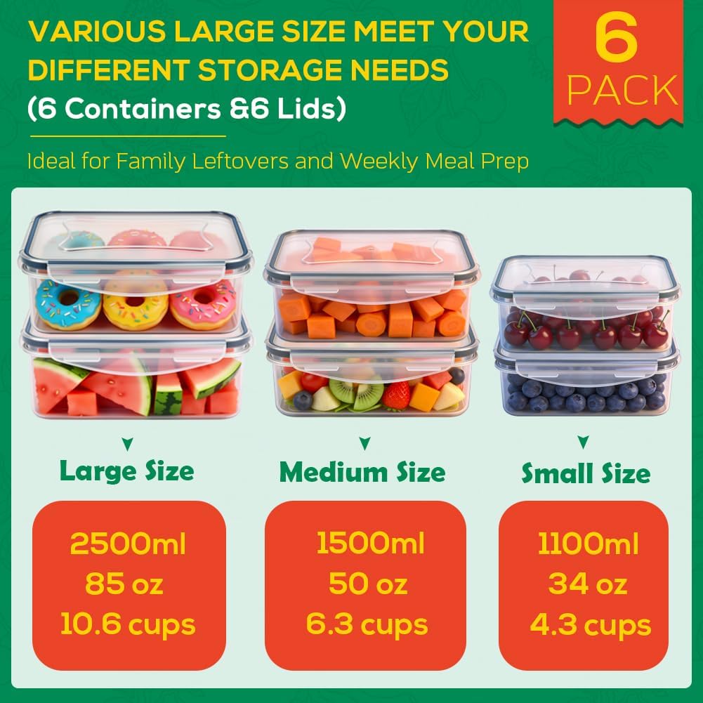 6 Pack Large Thick Plastic Food Storage Containers with Lids Airtight