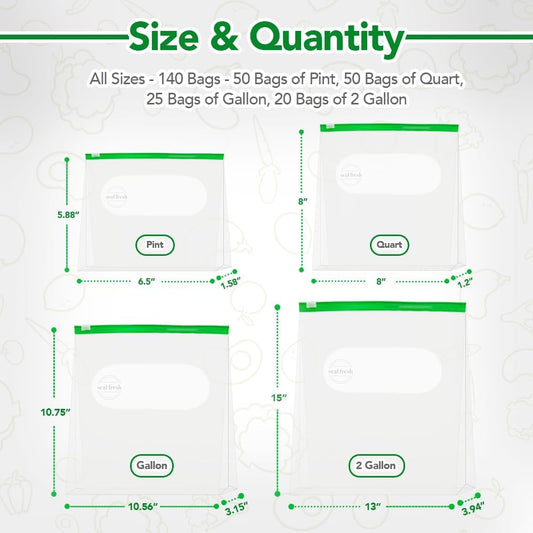 Seal Fresh Slider Storage Bags Variety Pack 145 Count — Pint, Quart, Gallon, 2 Gallon Sizes — Expandable Bottom, BPA Free, Microwave Safe, Freezer Safe