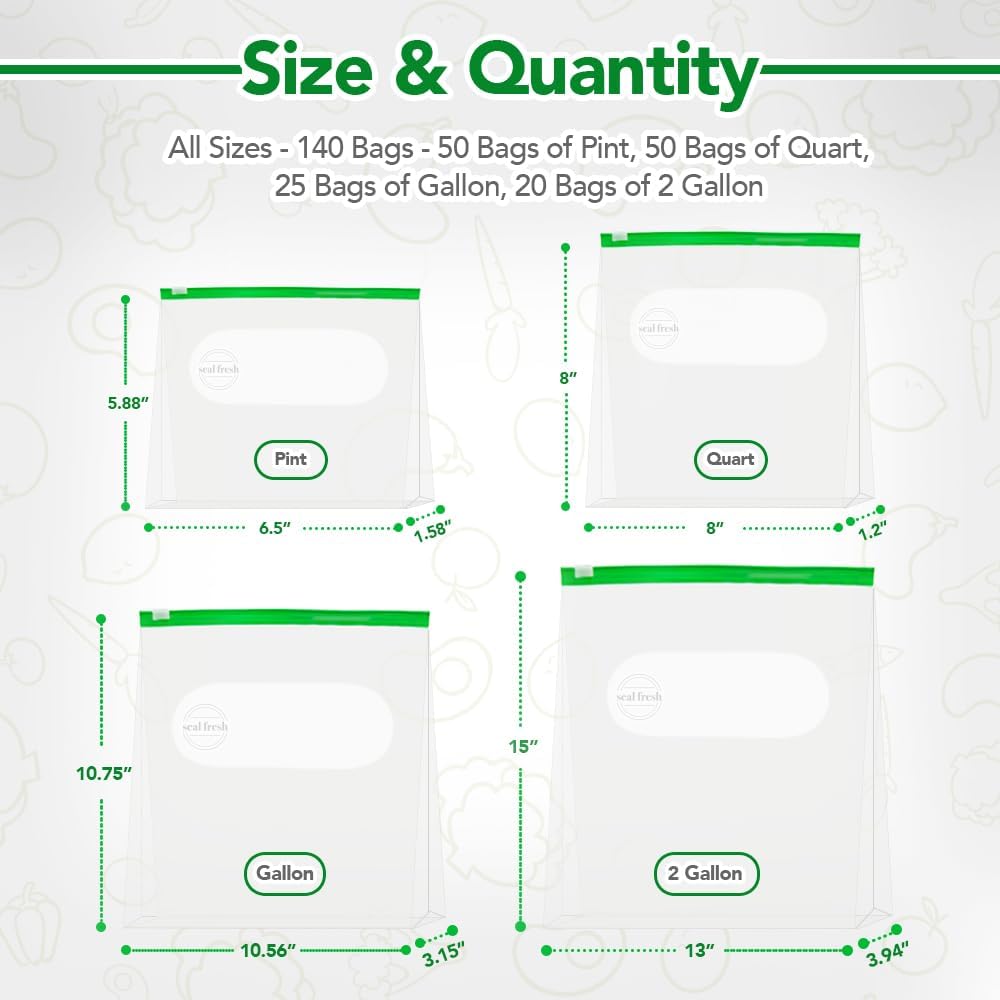 Seal Fresh Slider Storage Bags Variety Pack 145 Count — Pint, Quart, Gallon, 2 Gallon Sizes — Expandable Bottom, BPA Free, Microwave Safe, Freezer Safe
