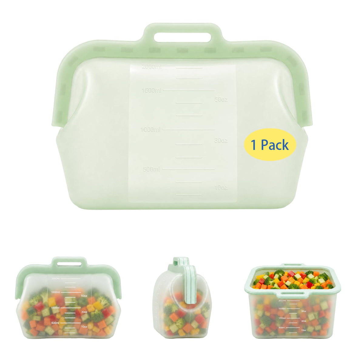 3 Pack Magnetic Seal Reusable Silicone Food Storage Bags, 68 fl oz, NUZEAK