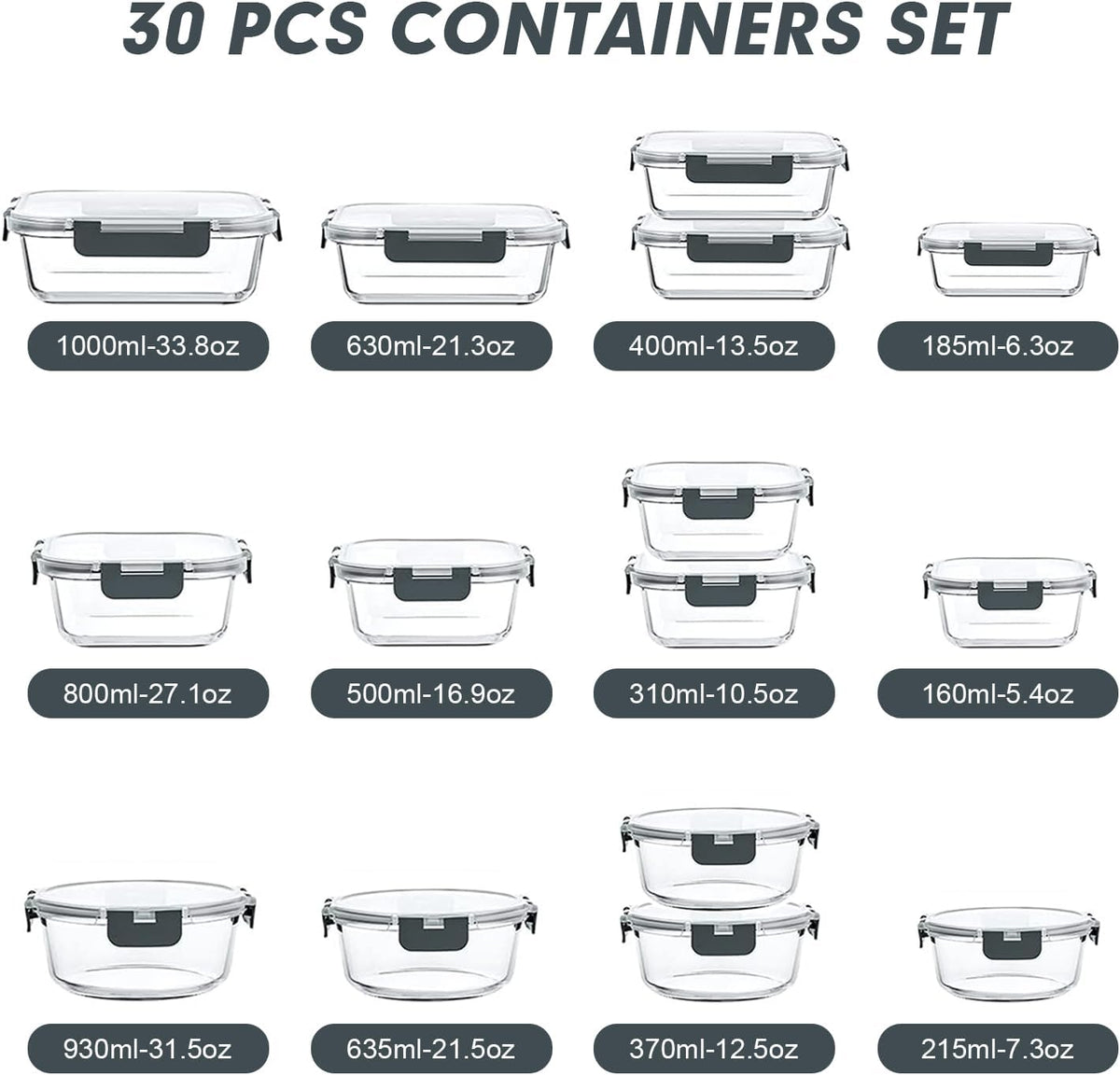 VERONES 30 Pieces Glass Food Storage Containers Set with Lids, Grey