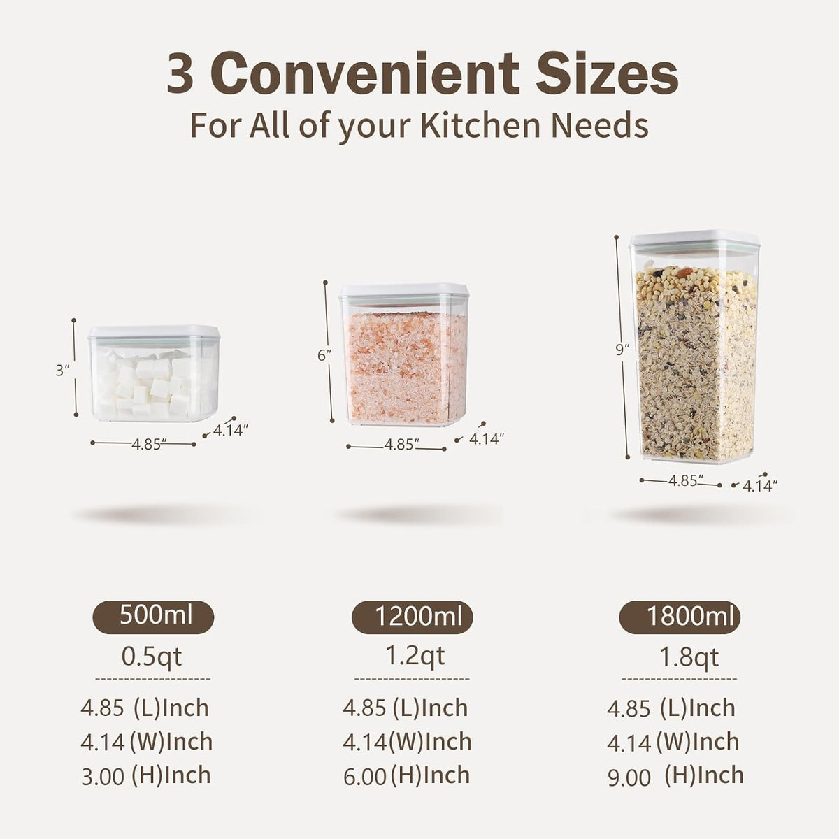 Pop Airtight Food Storage Containers Set with Lids, 6 Pcs Stackable One Button Opening Food Containers Kitchen Pantry Organization and Storage, BPA Free Stackable Cereal Container (0.5, 1.2, 1.8qt)*2