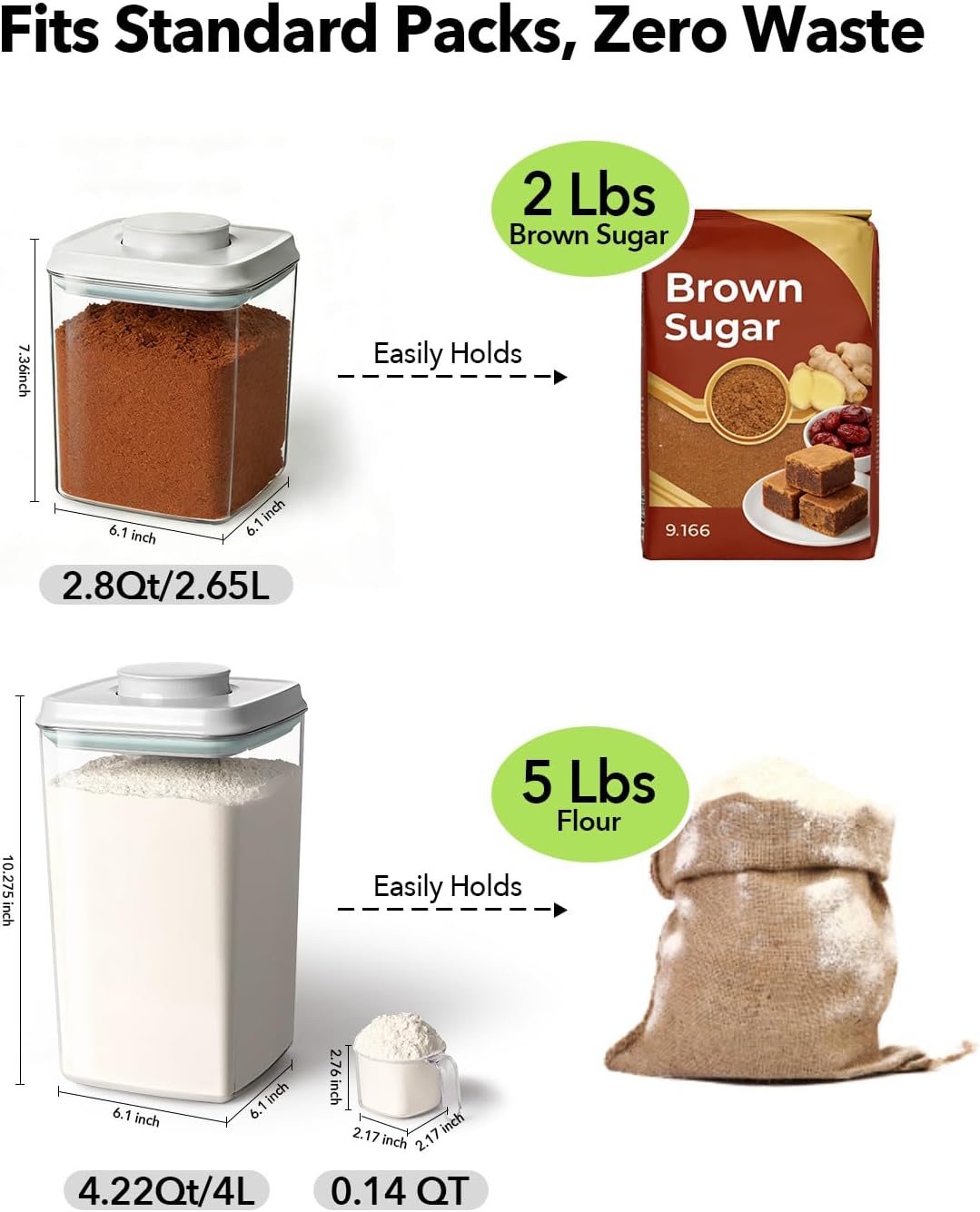 Airtight Food Storage Containers Set with One-Touch Lid, 2-Pack (2.8 QT / 2.65 L) Stackable PET, Best for Cereal, Flour, Rice & Baking Organizers.