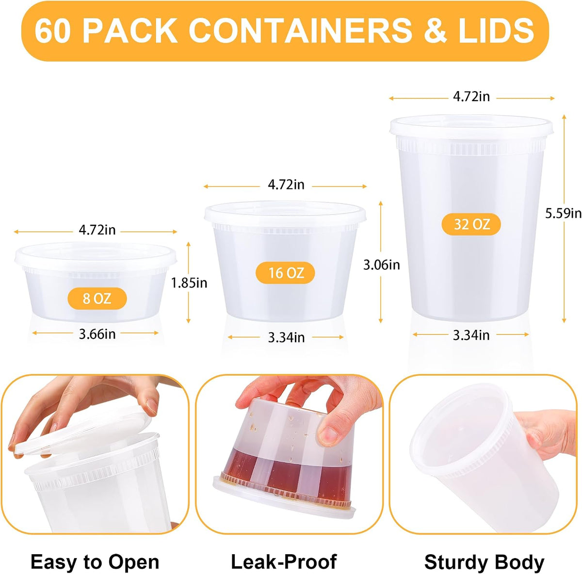 BYSNOW 60 Sets Deli Containers with Lids - 32/16/8 oz, 20 of Each Size