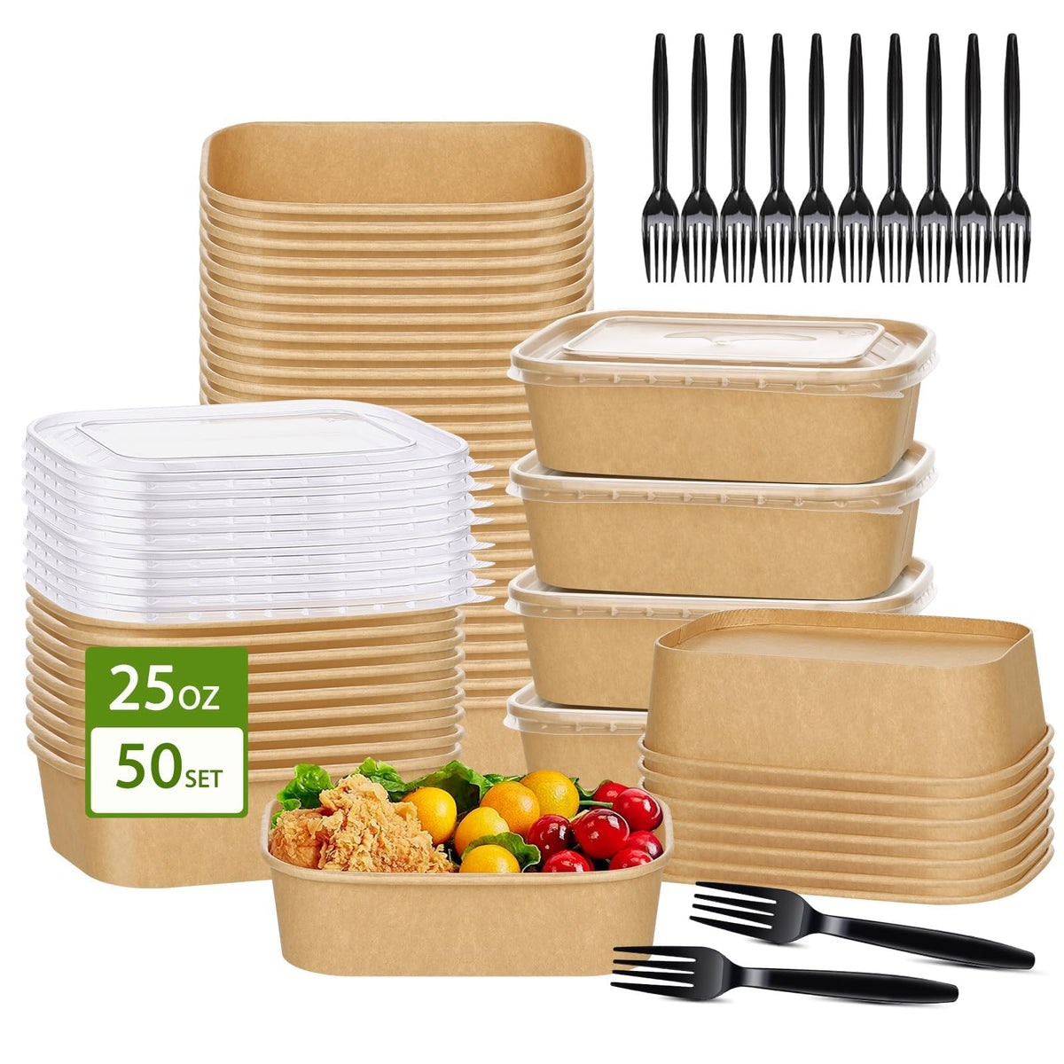 50 Disposable Meal Prep Containers 29oz Kraft Paper Bowls with Lids & Forks
