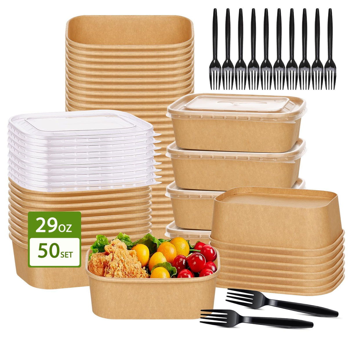 50 Disposable Meal Prep Containers 29oz Kraft Paper Bowls with Lids & Forks