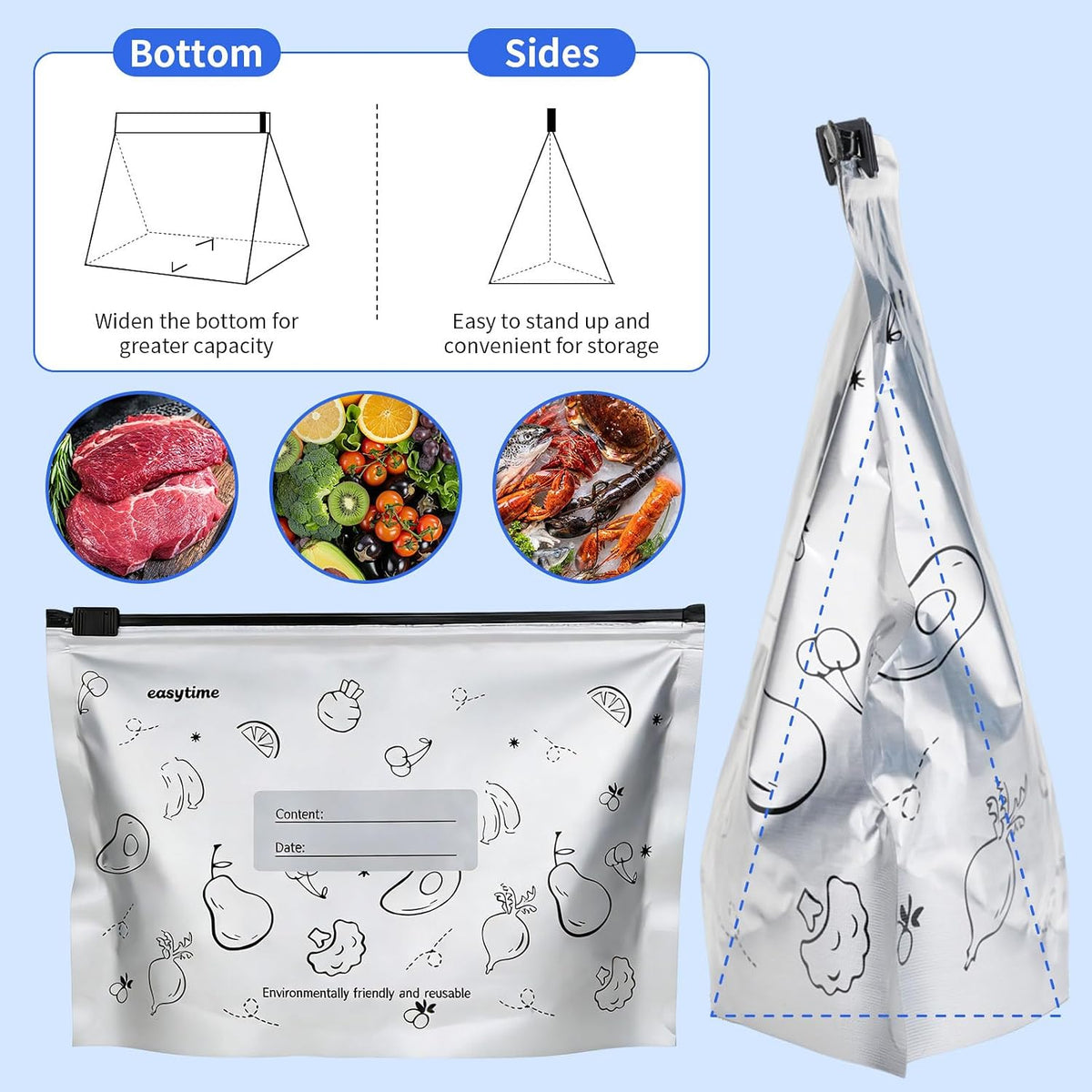 30 Pcs Reusable Aluminum Foil Sealable Storage Bags, 3 Sizes Reusable Freezer Bags, Thicken Stand Up Zipper Aluminum Foil Bags with Label for Food Meat Seafood Vegetables (S+M+L)