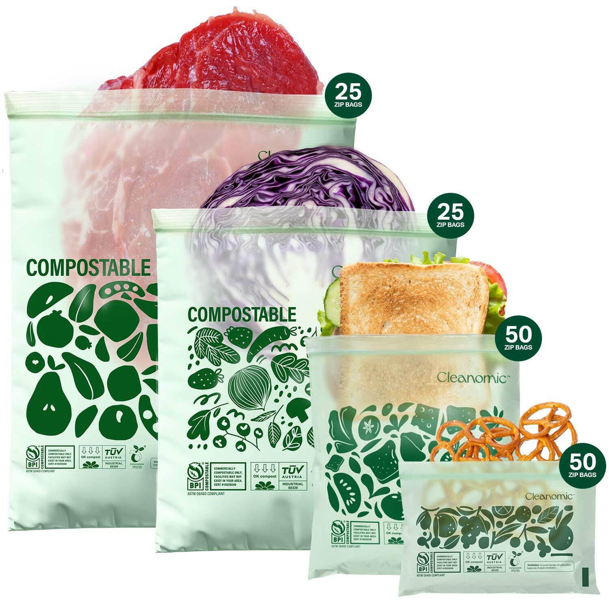 Cleanomic Compostable* Gallon Size Food Storage Bags (25 Eco Zip) Freezer and Leak Proof, Also Available Quart, Snack and Sandwich Bags