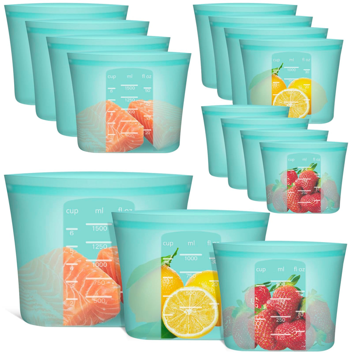 Reusable Food Bags, 12 Pack 100% Silicone Food Storage Bags Stand Up Zip Lock Container, Freezer Microwave Oven Dishwasher Safe, 4 Medium 4 Small 4 Extra Small, Aqua