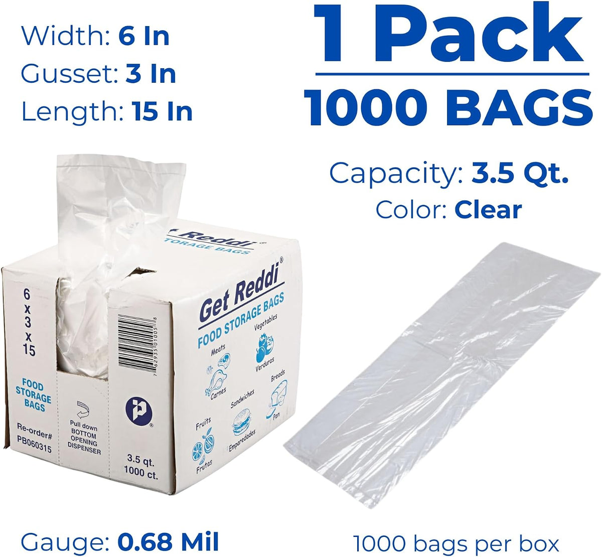 Inteplast PB060315 3.5 qt Capacity, 15" Length x 6" Width x 3" Gusset, Food and Utility Poly Bag (Case of 1,000), Single Use