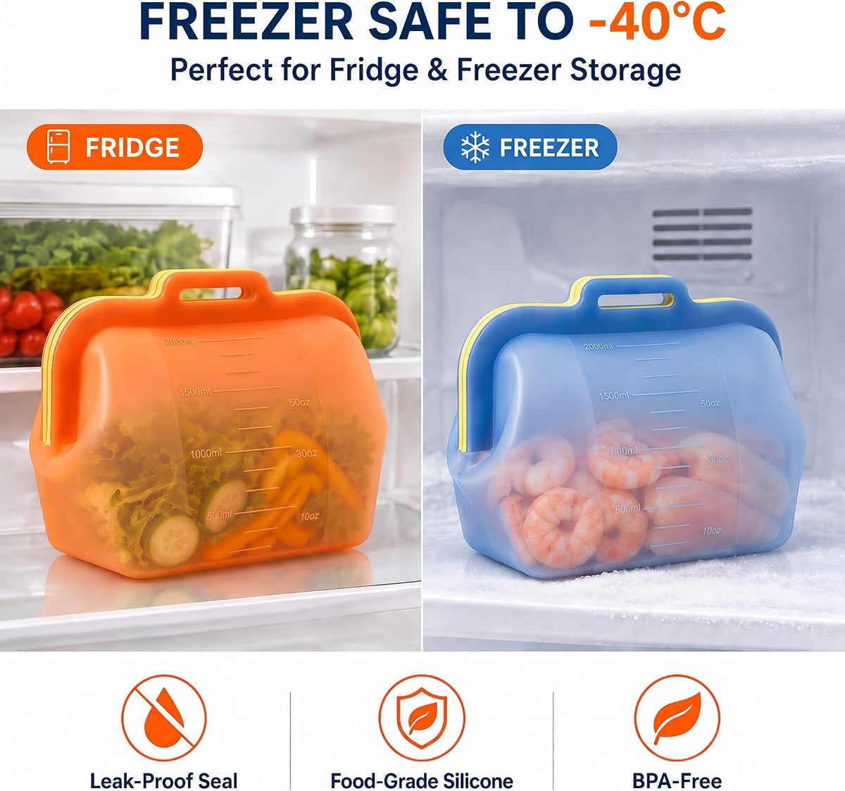3 Pack Magnetic Seal Reusable Silicone Food Storage Bags, 68 fl oz, NUZEAK