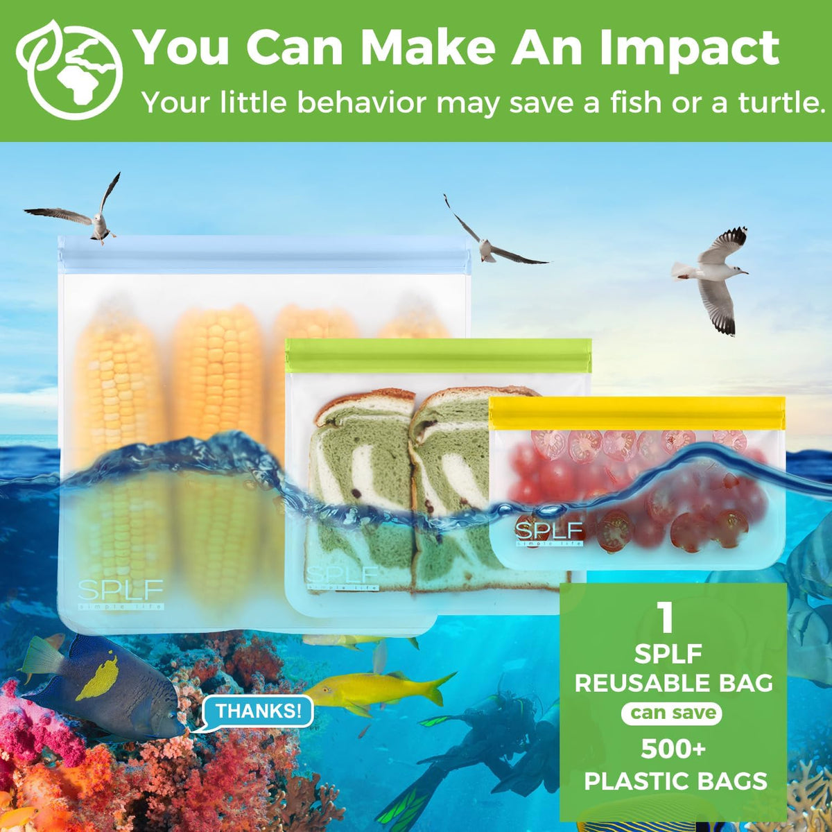 SPLF 12 Pack Dishwasher Safe Reusable Freezer Bags, Multicolor