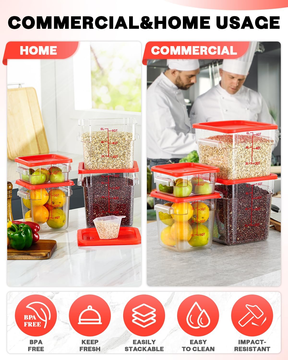 4QT 4PCS NSF Commercial Clear Food Storage Containers with Lids(RED)