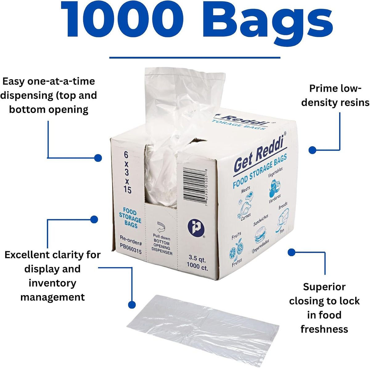 Inteplast PB060315 3.5 qt Capacity, 15" Length x 6" Width x 3" Gusset, Food and Utility Poly Bag (Case of 1,000), Single Use