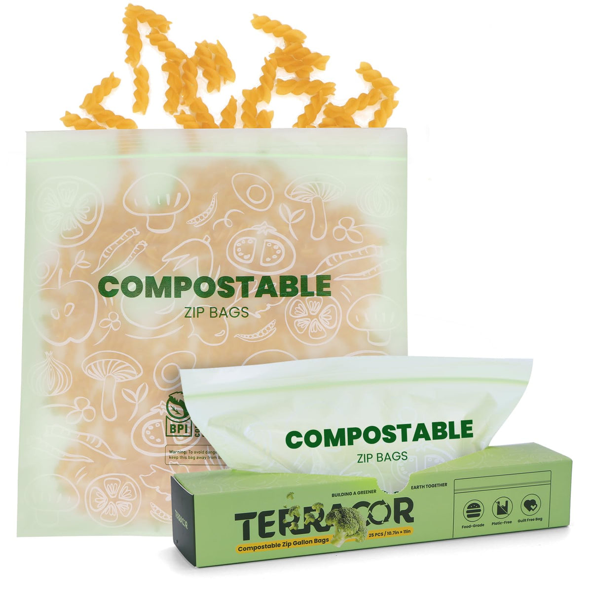 Compostable Gallon Size Food Storage Bags (25 Eco Zip) Freezer and Leak Proof, Also Available Quart, Snack and Sandwich Bags