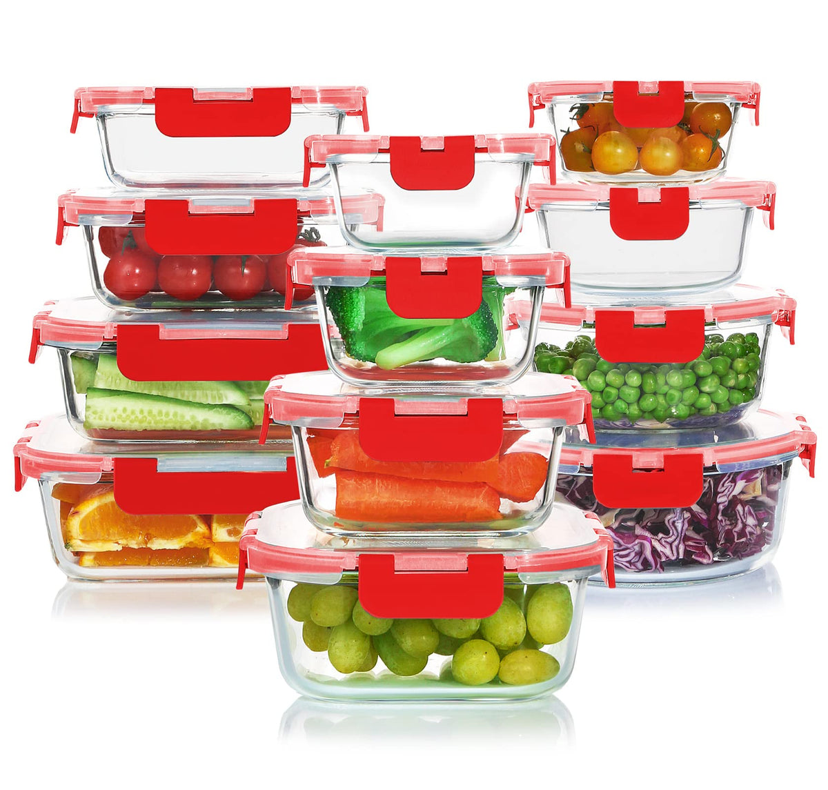 KOMUEE 30 Pieces Glass Food Storage Containers Set with Lids, Gray