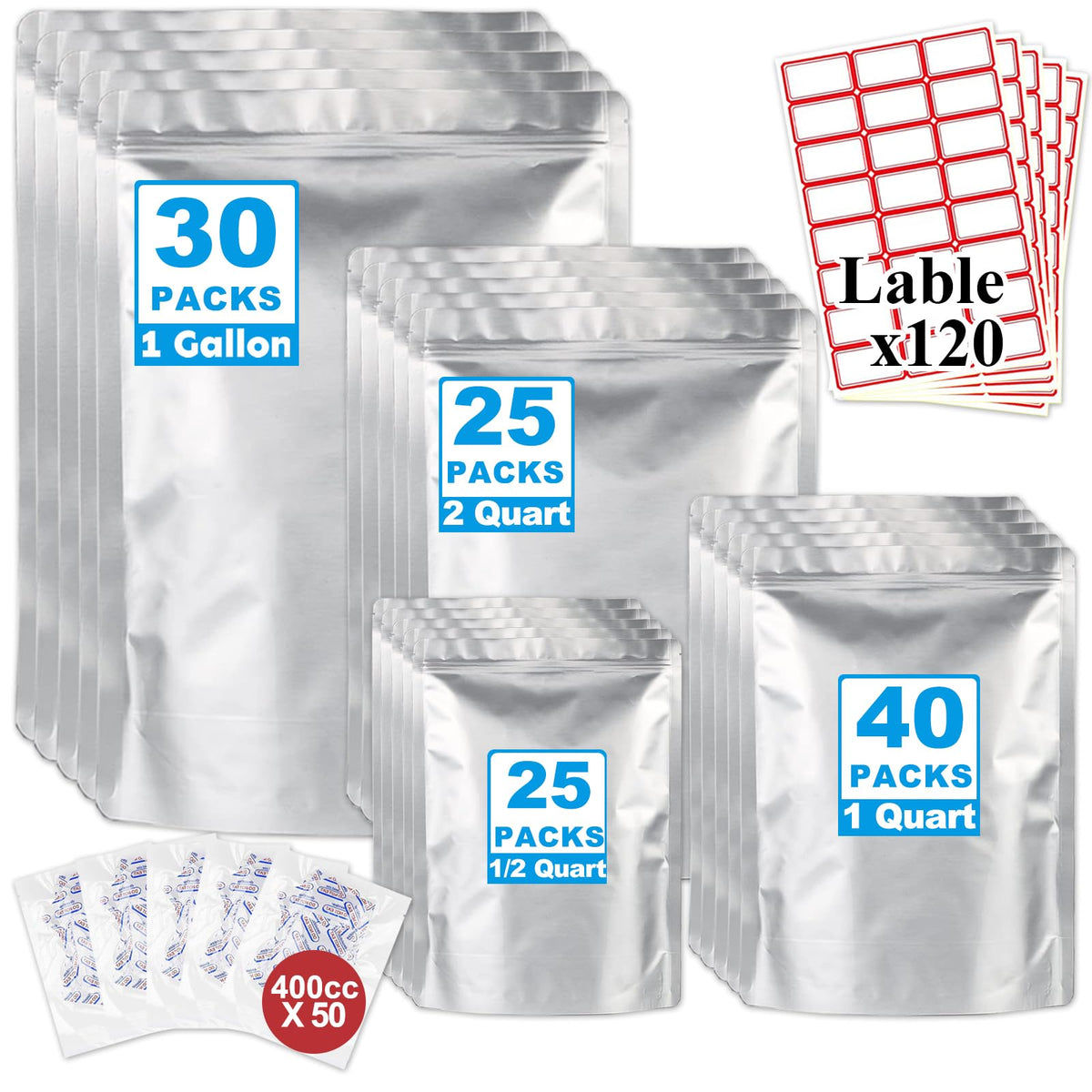 Mylar Bags 2Gallon 30PCS 17"X13" for Food Storage with Oxygen Absorbers&Labels,10Mil Thick Resealable Zipper&Heat Seal Stand Up Pouches for Packaging Long Term,Dried Food,BPA Free