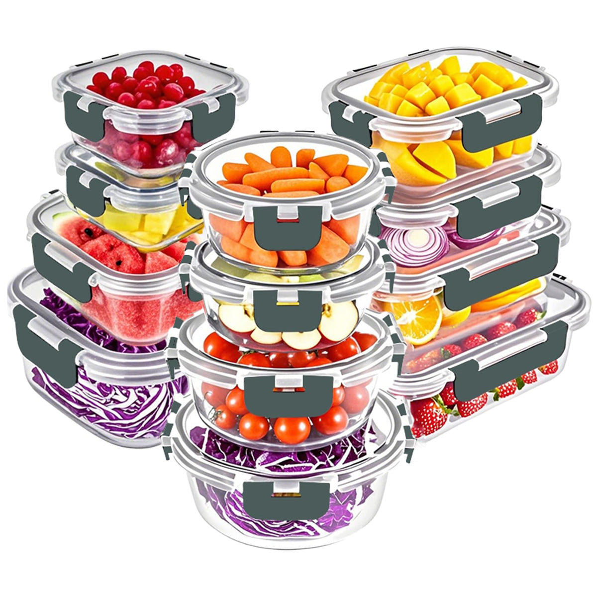 VERONES 30 Pieces Glass Food Storage Containers Set with Lids, Grey