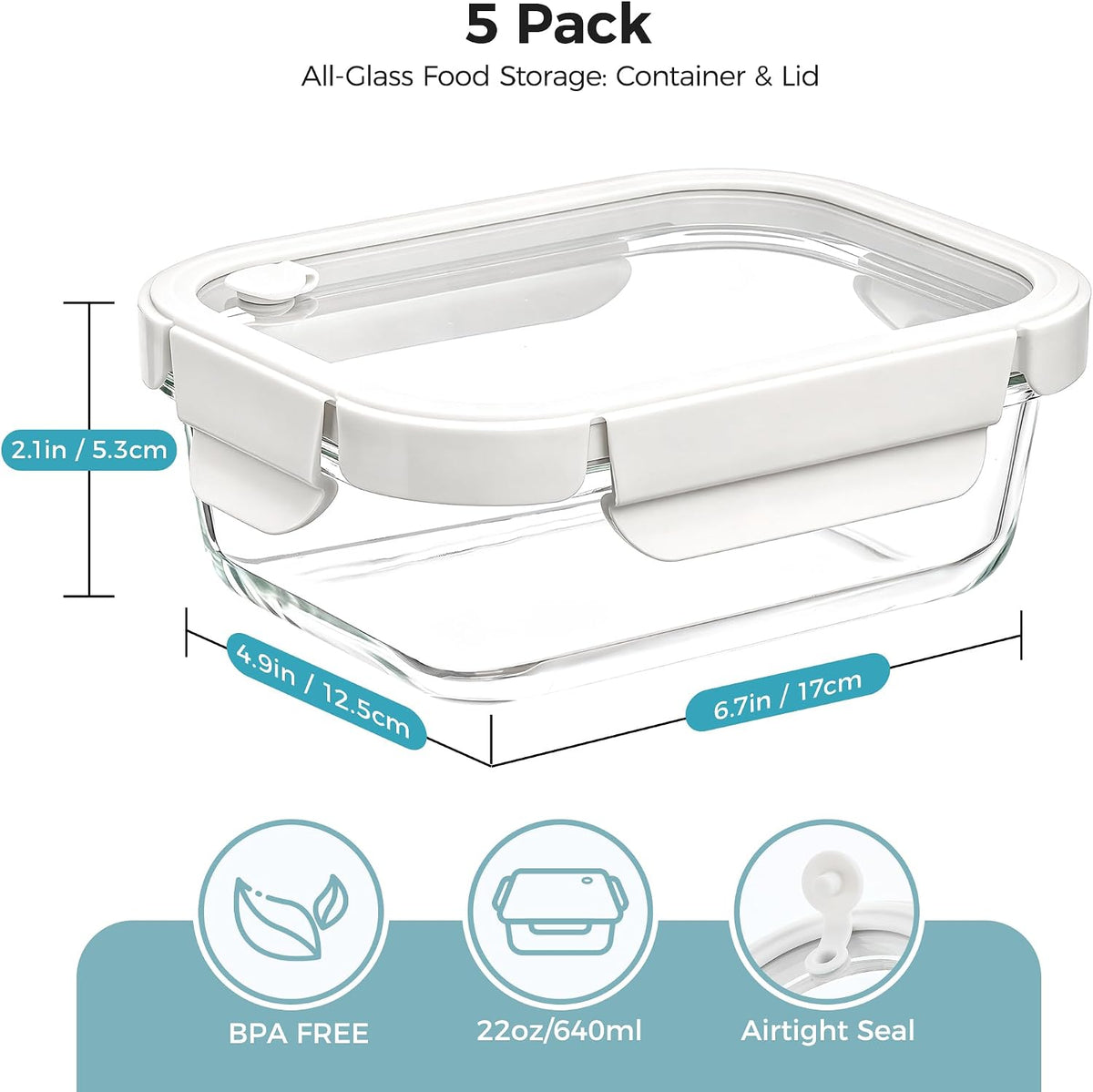 Vtopmart 5 Pack Glass Food Storage Containers with Glass Lids & Air Vent