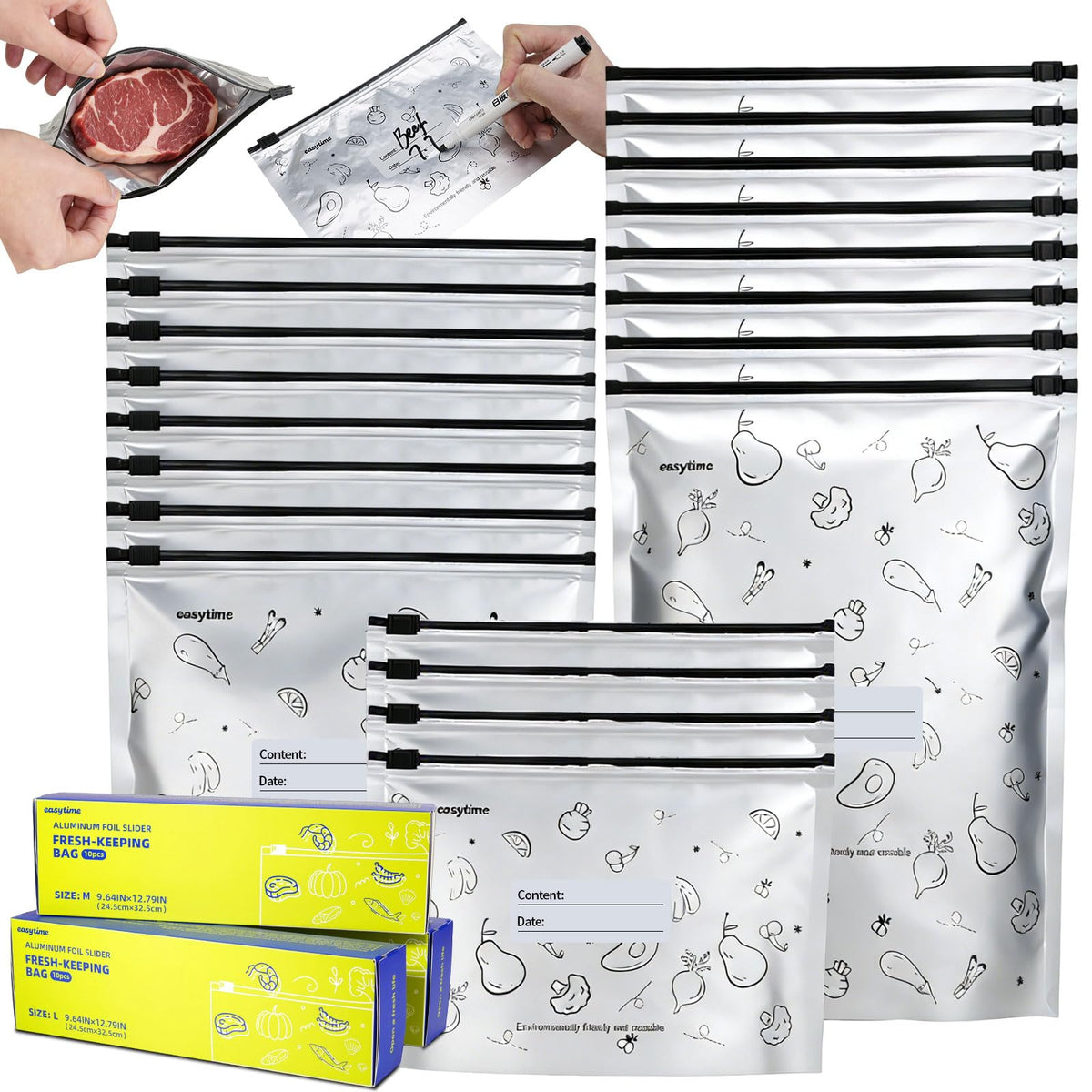 30 Pcs Reusable Aluminum Foil Sealable Storage Bags, 3 Sizes Reusable Freezer Bags, Thicken Stand Up Zipper Aluminum Foil Bags with Label for Food Meat Seafood Vegetables (S+M+L)