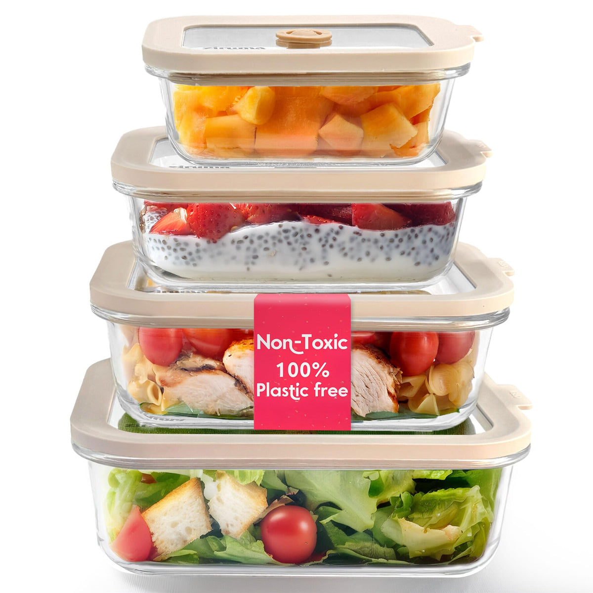Non-Toxic Glass Food Containers with Lids, 4-Pack, 35 oz, Airtight, Beige