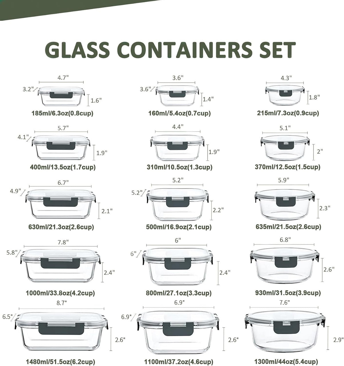 KOMUEE 30 Pieces Glass Food Storage Containers Set with Lids, Gray