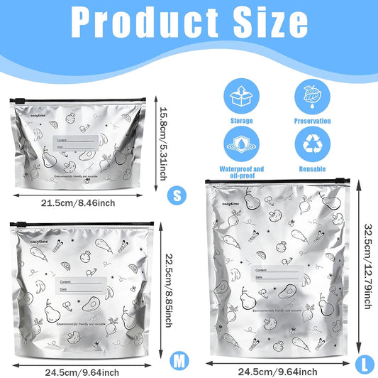 30 Pcs Reusable Aluminum Foil Sealable Storage Bags, 3 Sizes Reusable Freezer Bags, Thicken Stand Up Zipper Aluminum Foil Bags with Label for Food Meat Seafood Vegetables (S+M+L)