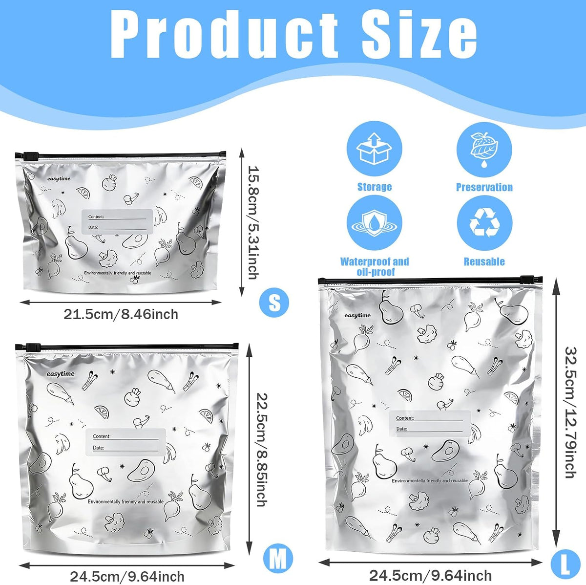 30 Pcs Reusable Aluminum Foil Sealable Storage Bags, 3 Sizes Reusable Freezer Bags, Thicken Stand Up Zipper Aluminum Foil Bags with Label for Food Meat Seafood Vegetables (S+M+L)