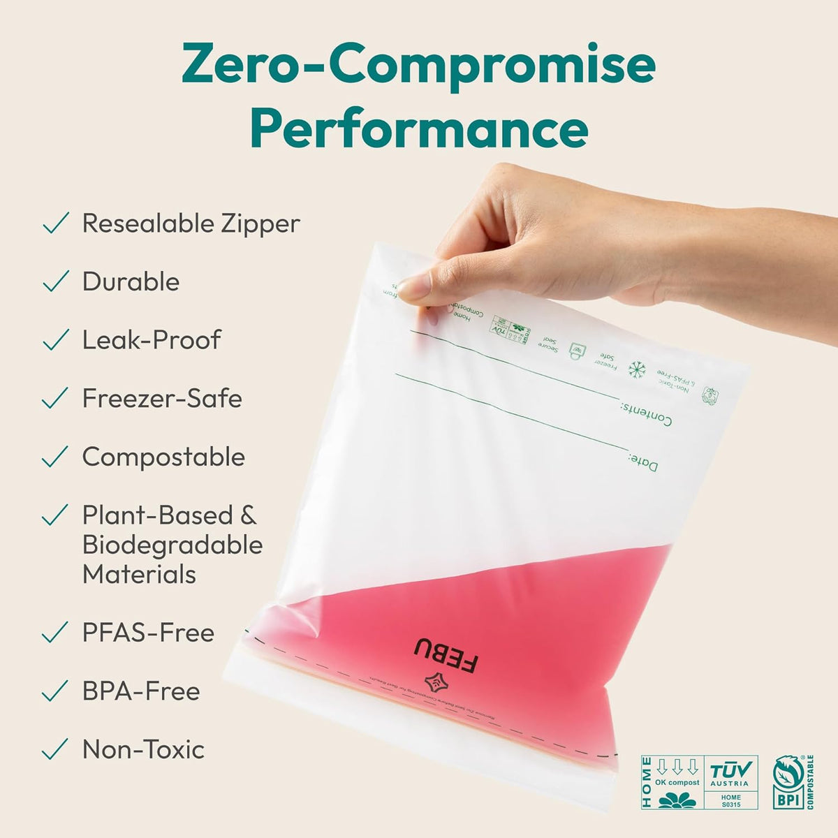 FEBU Compostable Food Storage Bags Variety Pack, 260 Count