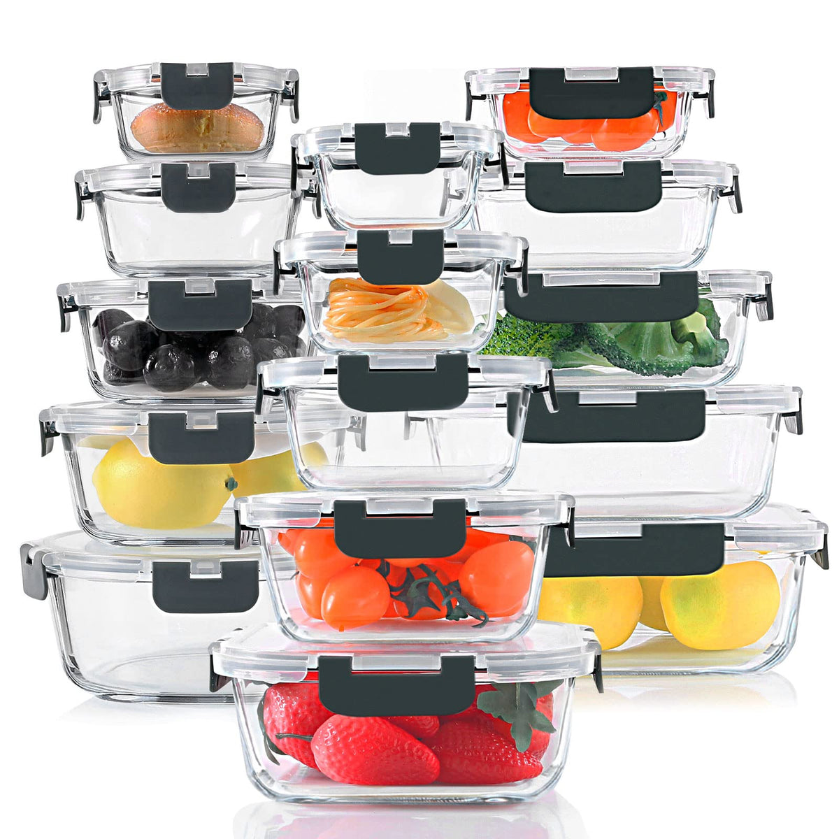 KOMUEE 30 Pieces Glass Food Storage Containers Set with Lids, Gray