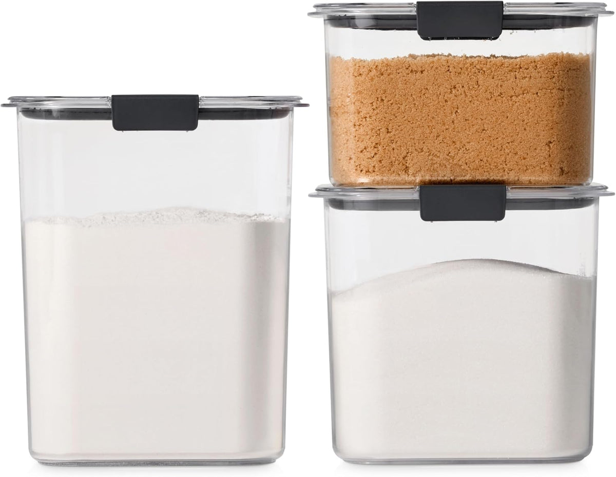 Rubbermaid Brilliance Plastic Food Storage Pantry Baking Set, 3 Containers with Lids (6 Pieces Total), BPA-Free, Clear