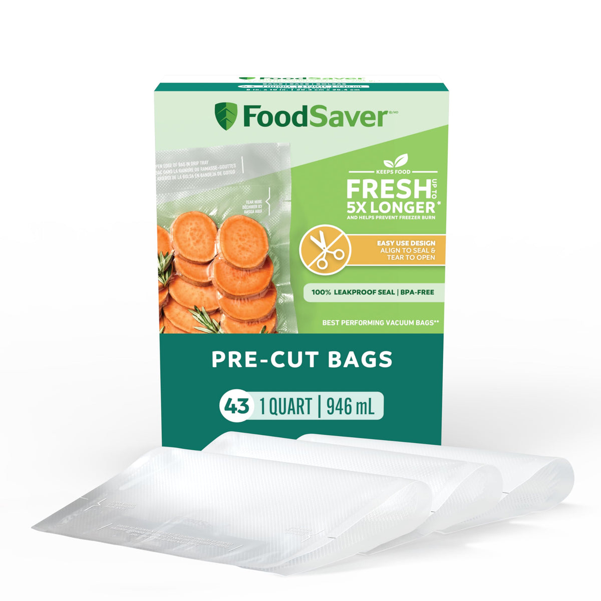 FoodSaver Quart Pre-Cut Vacuum Seal Bags, Easy Use Vacuum Storage Bags, Align to Seal and Tear to Open Vacuum Sealer Storage Bags, 43 Pack