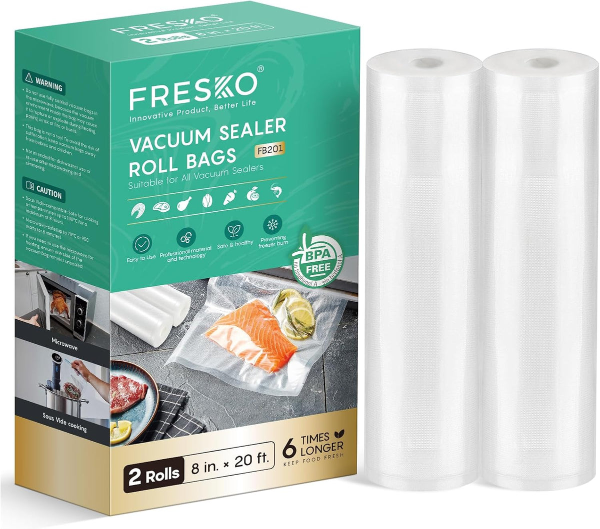 FRESKO 8"x20' Vacuum Sealer Bags for Food, 2 Rolls