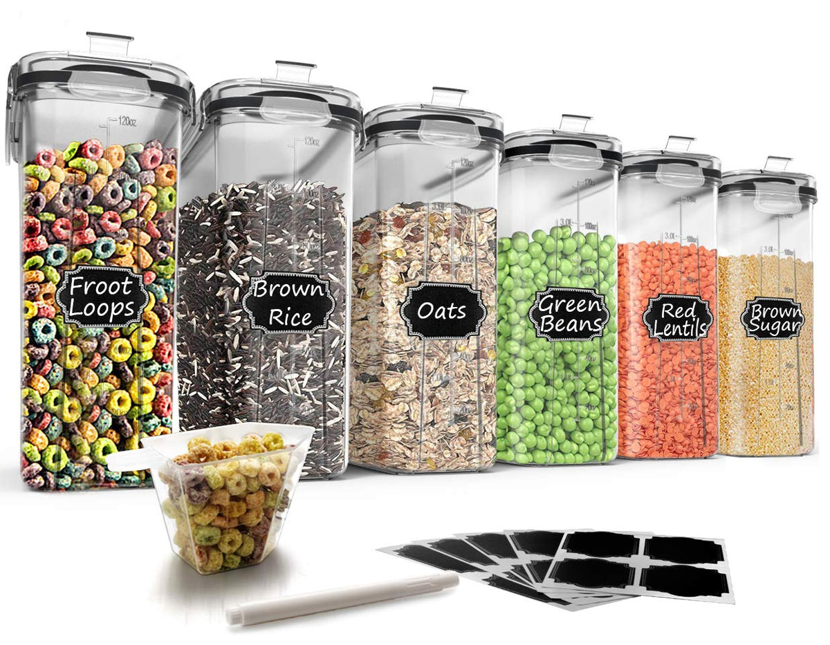 Wildone Cereal Storage Containers Set, Large BPA Free Plastic Airtight Food Storage Containers 4L for Flour, Sugar, 6 Piece Set Cereal Dispensers with 20 Labels & Marker, Black