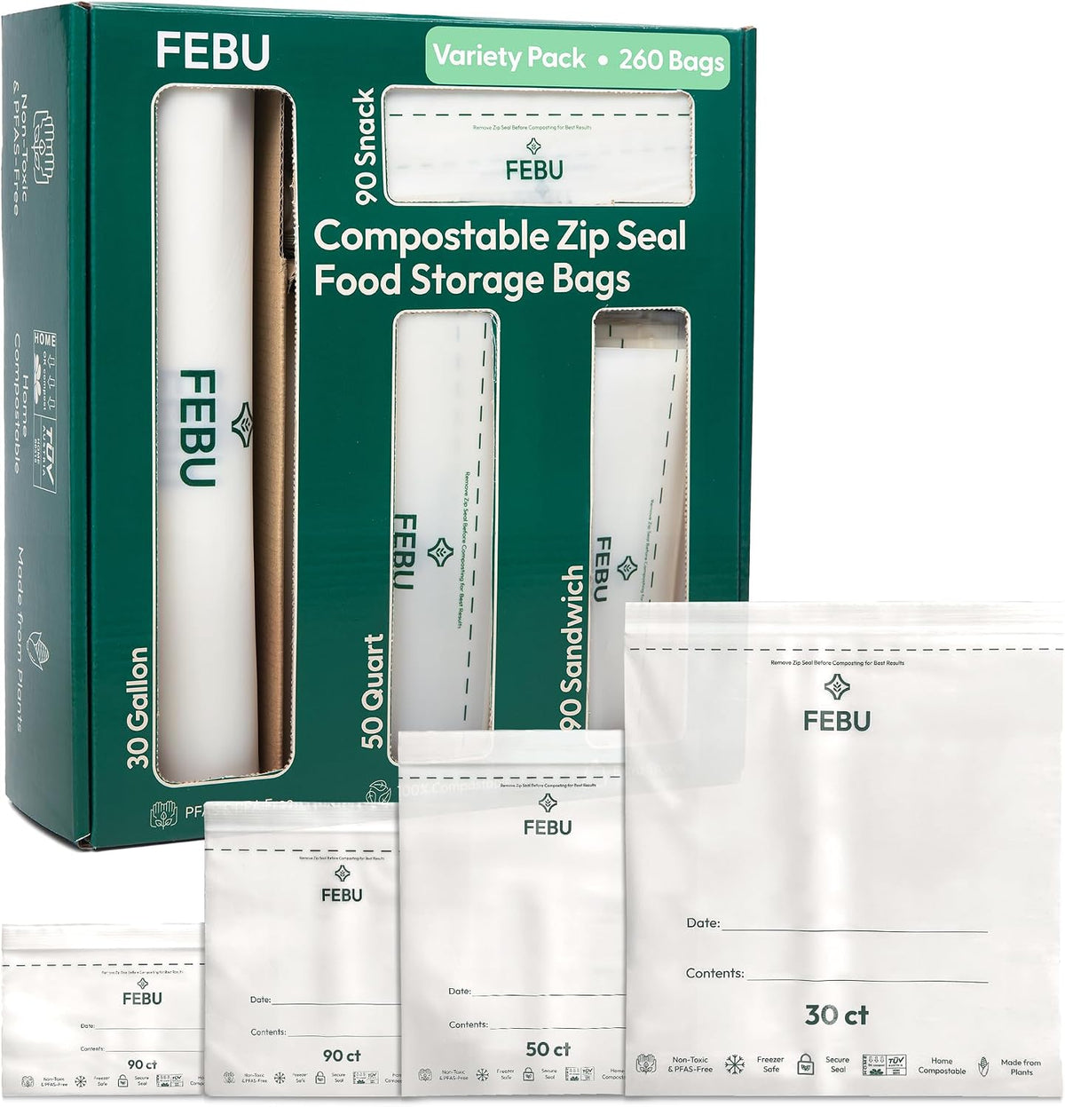 FEBU Compostable Food Storage Bags Variety Pack, 260 Count