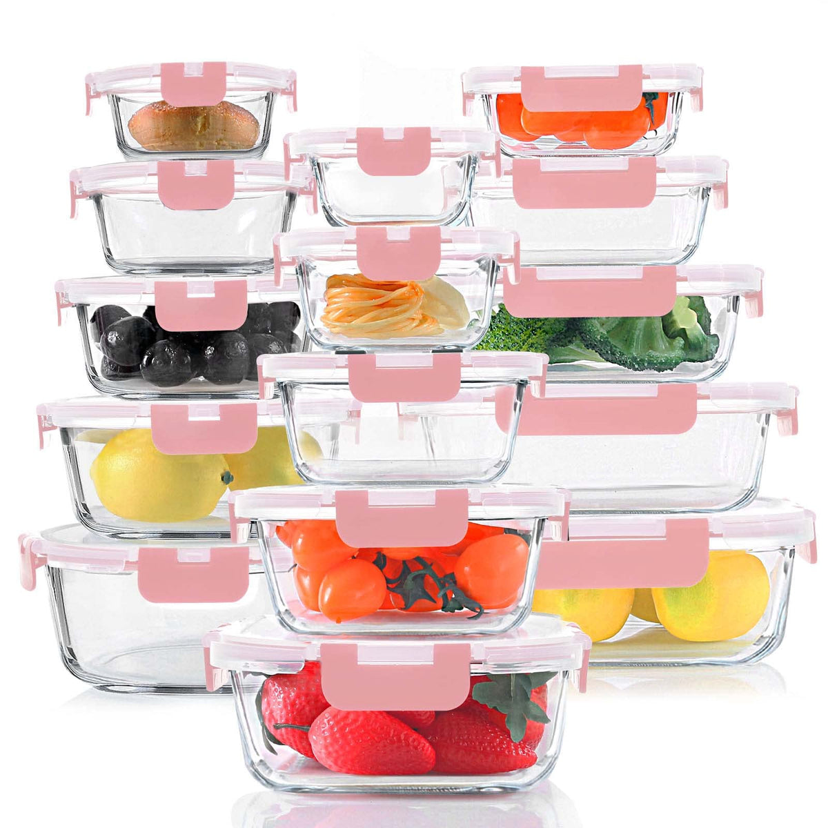 KOMUEE 30 Pieces Glass Food Storage Containers Set with Lids, Gray