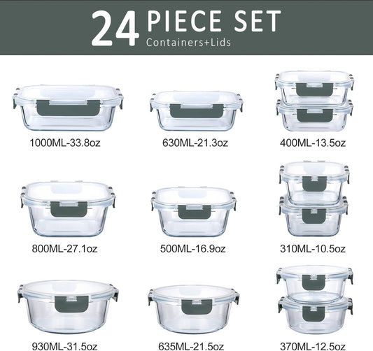 M MCIRCO 24 Piece Glass Food Storage Containers with Lids,Gray