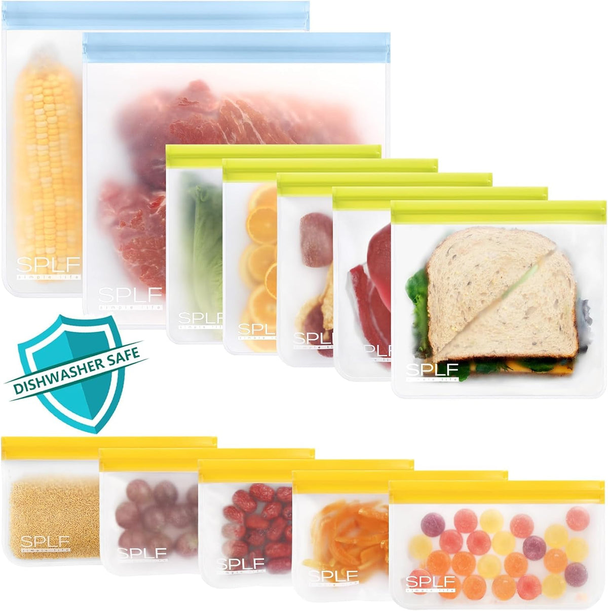 SPLF 12 Pack Dishwasher Safe Reusable Freezer Bags, Multicolor