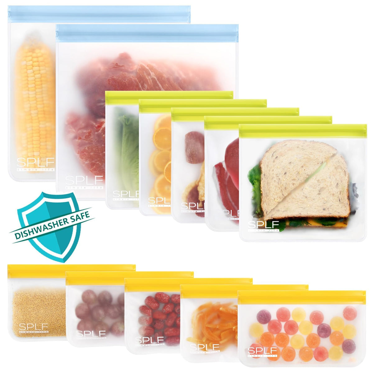 SPLF 12 Pack Dishwasher Safe Reusable Freezer Bags, Multicolor