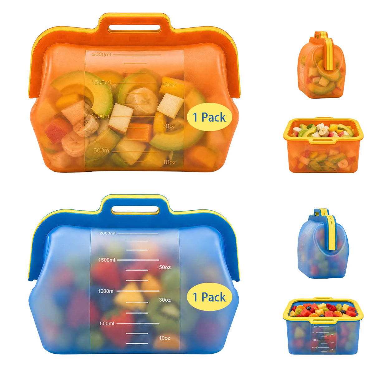 3 Pack Magnetic Seal Reusable Silicone Food Storage Bags, 68 fl oz, NUZEAK