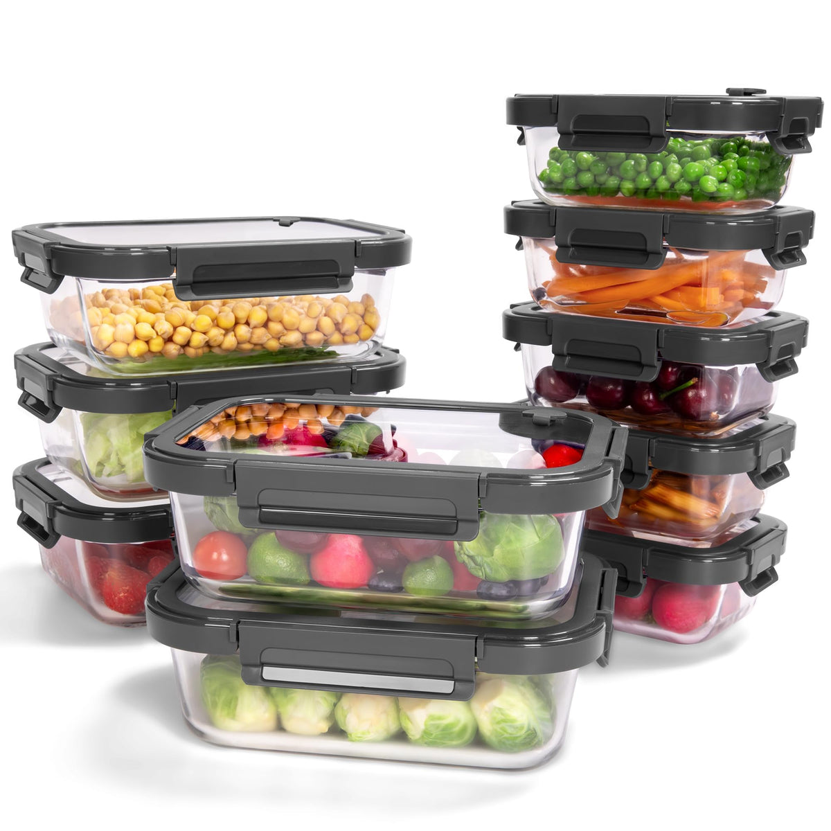 10-Pack Glass Food Storage Containers with Tempered Glass Lids – Borosilicate, Airtight, Oven-Safe (-4°F~950°F), BPA-Free, 4.4 & 1.6 Cup, Leak-Proof, Dishwasher Safe (Gray)