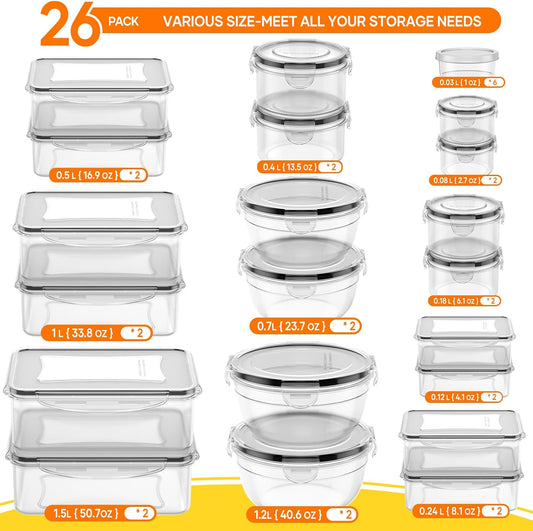 52 PCS Food Storage Containers with Lids Airtight (26 Lids & 26 Containers)