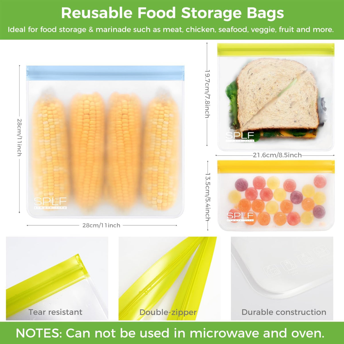 SPLF 12 Pack Dishwasher Safe Reusable Freezer Bags, Multicolor