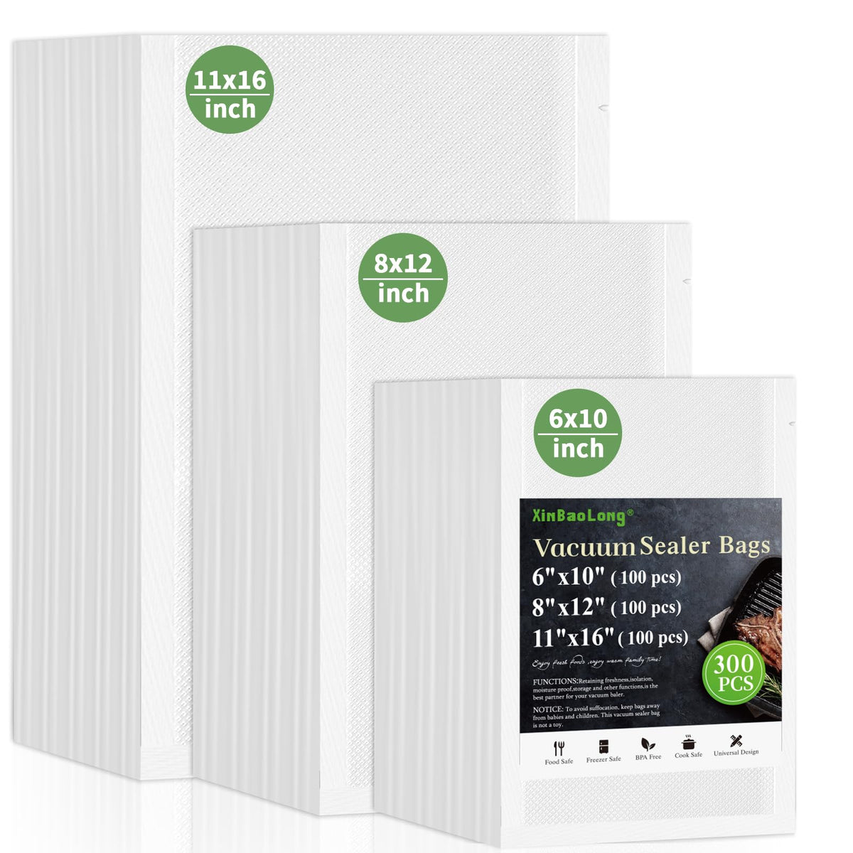 Vacuum Sealer Bags, 11"x16" Gallon, 8"x12" Quart, 6"x10" Pint, 150Pcs