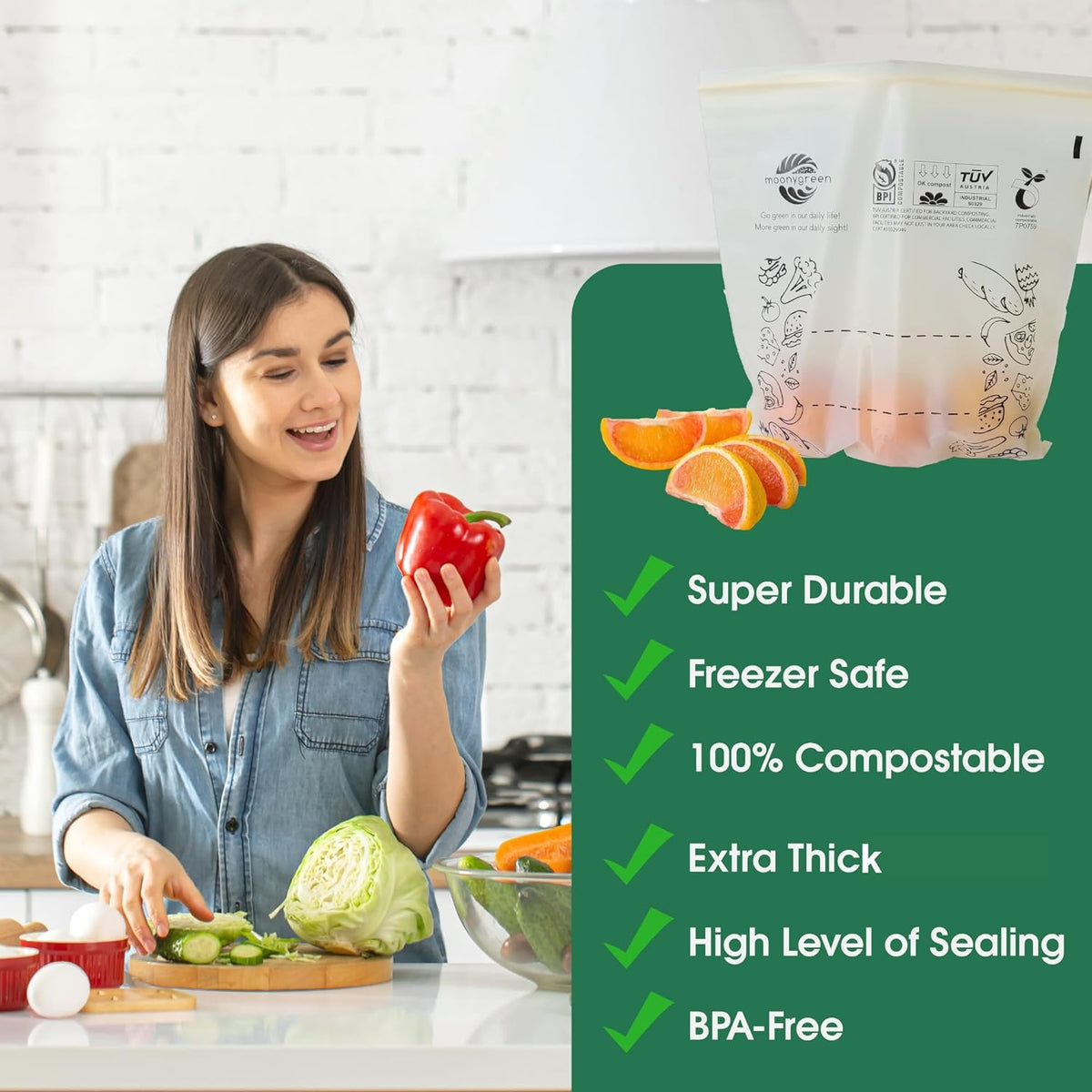 Compostable Food Storage Bags, Large Gallon Resealable Freezer Bags, 50 Count, 10.5 x 10.6 inches, PFAS & BPA FREE, Certified US BPI ASTM D6400 Europe OK Compost