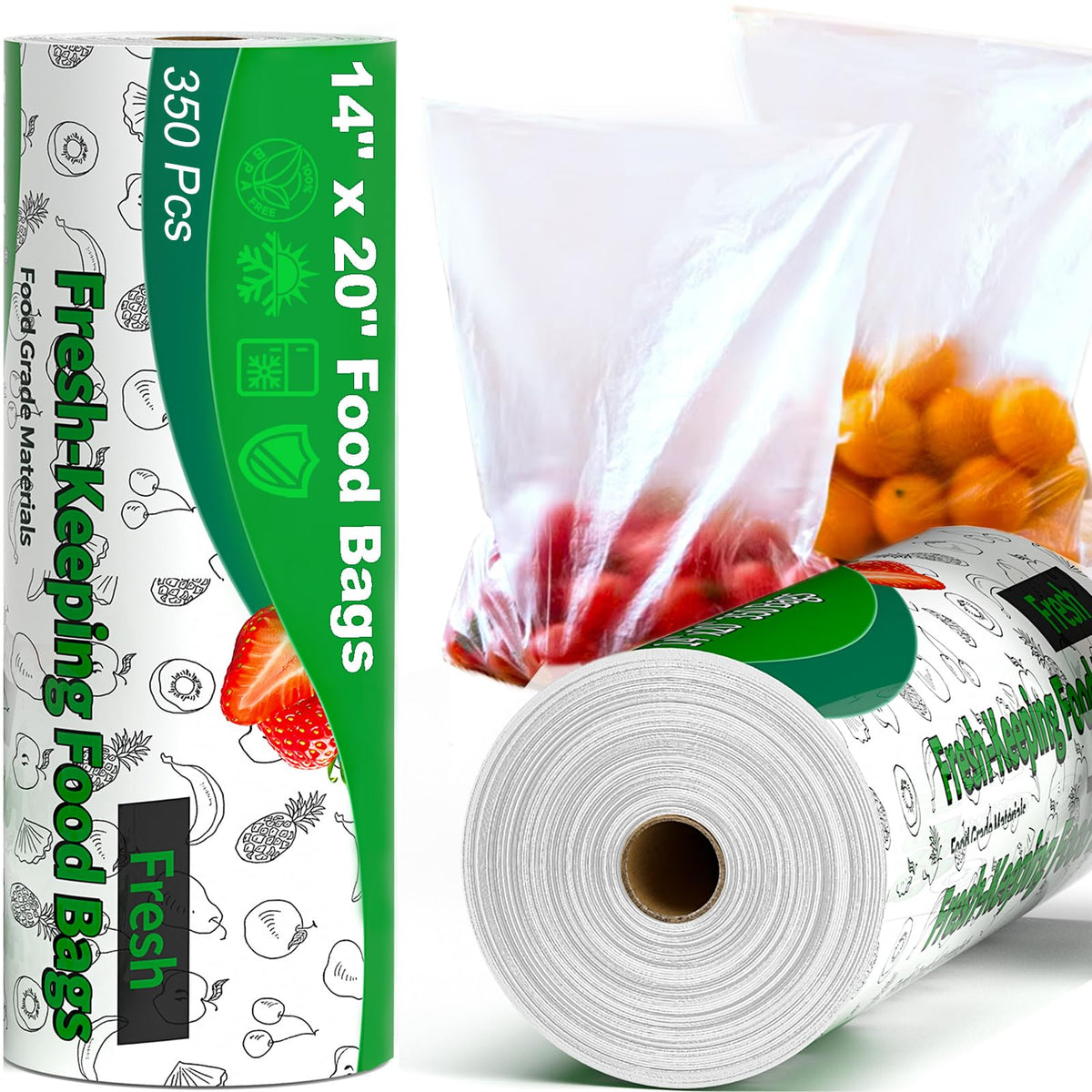 Food Bags, 14" X 20" Plastic Produce Bags Roll, Fresh-Keeping Clear Plastic Bags for Food, Fruit, Vegetable, Bread, Kitchen, freezer, Supermarket, 350 Produce Bags/Roll (1 Rolls)